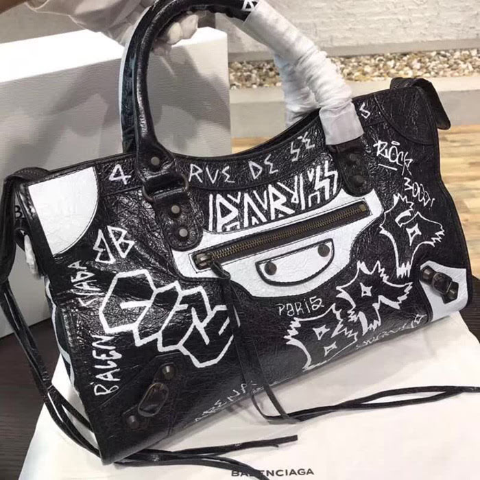 BALENCIAG巴黎世家 Balenciaga city 機車包 限量 原廠爆裂紋羊皮 塗鴉字母 手提肩背斜挎包  BL1699